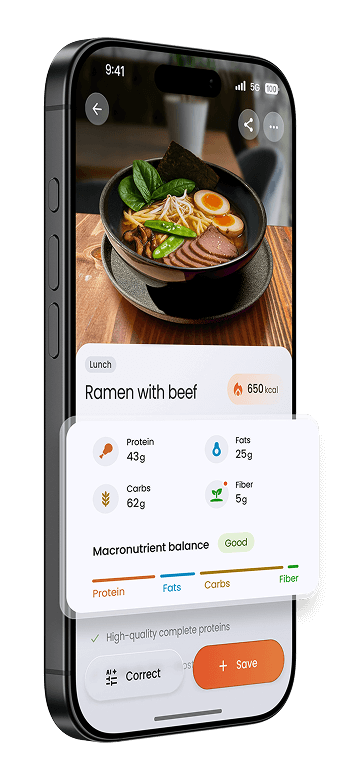 Impakt App 显示已记录的牛肉拉面为 650 卡路里,并列出蛋白质、脂肪、碳水与膳食纤维的分解数据
